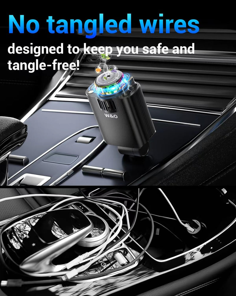 W & O Car Charger Fast Charging for iPhone，Retractable car charger with Aromatherapy and Starlight,69W 5 in 1 Fast Charging Car Charger,Car Charger Adapter for iPhone 17/16/15 Pro Max, Galaxy S25(Red) Red Light