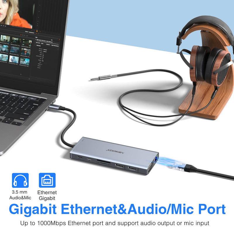 USB C Docking Station Dual Monitor Triple Display USBC Hub Multiple Adapter | USB C Dongle 14 in 1 Dock with 2 HDMI 4K+VGA+5 Port+100W PD Charger+Ethernet+SD/TF+Audio for Dell/HP/Lenovo/Surface Laptop Grey