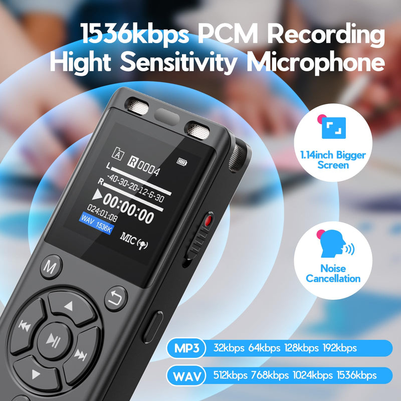 [AUSTRALIA] - 96GB Digital Voice Recorder One Click, HD Recording Easy Control Voice Recorder with Playback, Large Screen 7000 Hours Sound Audio Recorder Recording Tape for Lectures Meeting MP3 Player Black 