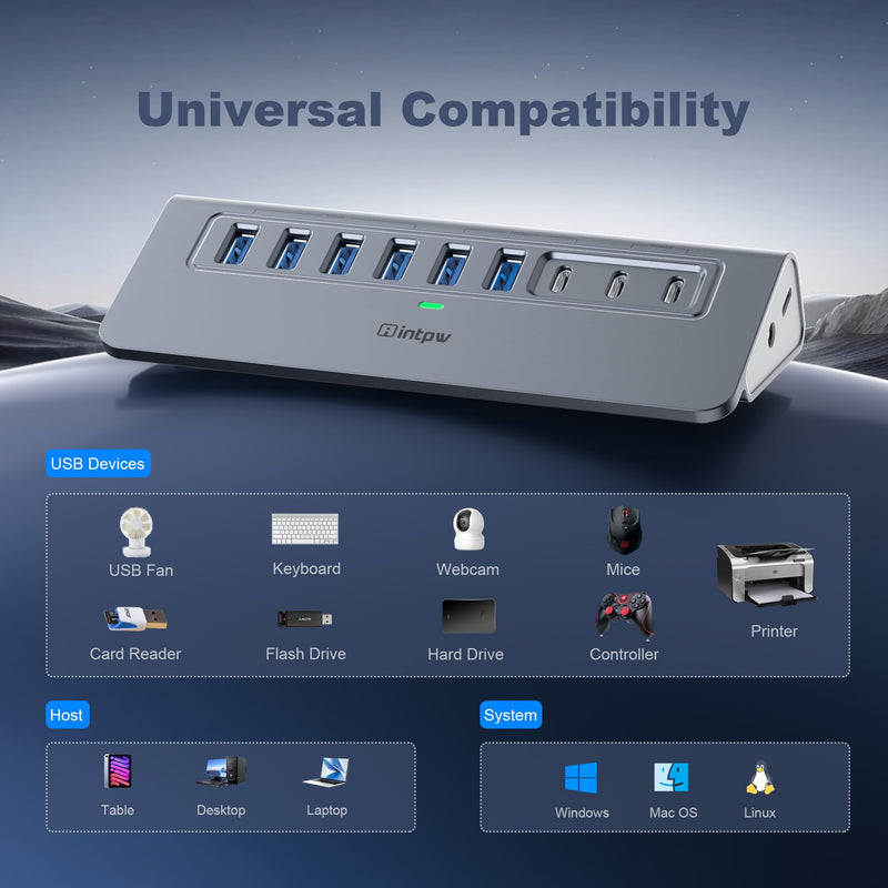 Powered USB Hub 10Gbps, intpw YH6AC 9-Port USB Splitter with USB A/USB C 3.2, 4 USB 3.0, 2 PD 45W Charging Ports, 65W Power Adapter + 3.3FT Cable, Aluminum USB Extender Hub for Laptop, PC,iPhone 17/16 Gray 9 Port