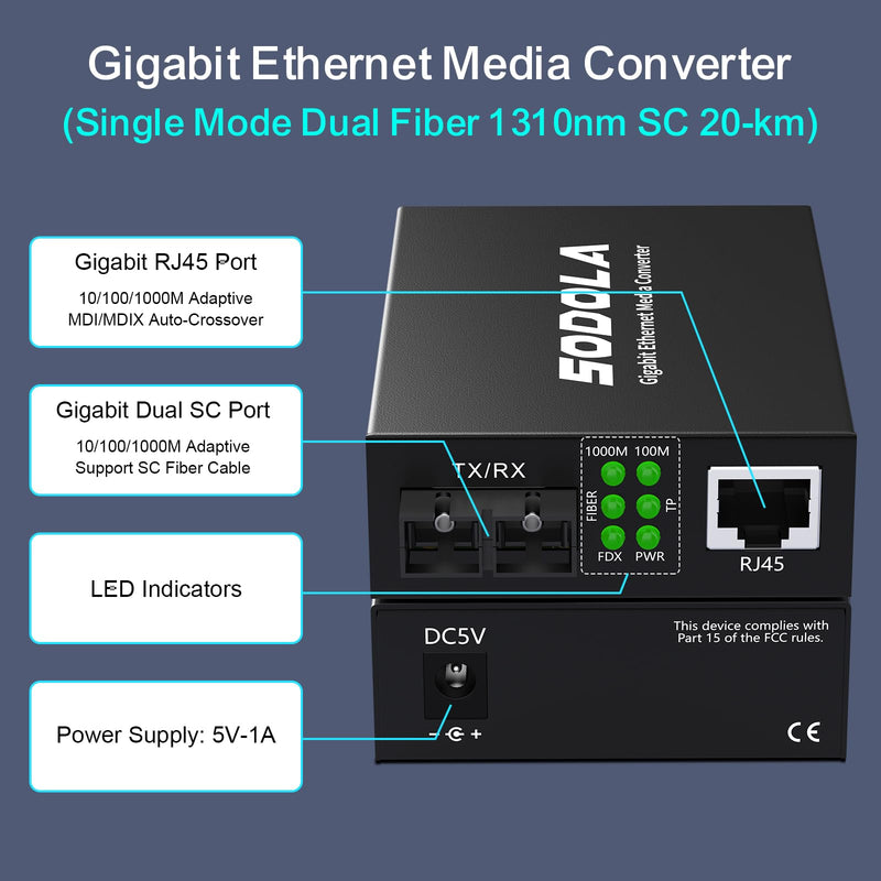 SODOLA Gigabit SingleMode Fiber to Ethernet Media Converter, Dual SC Fiber, 1000Base-LX to 10/100/1000Base-Tx Gigabit SMF Fiber SC to Copper RJ45 Ethernet Converter, up to 20km, Pack of 2