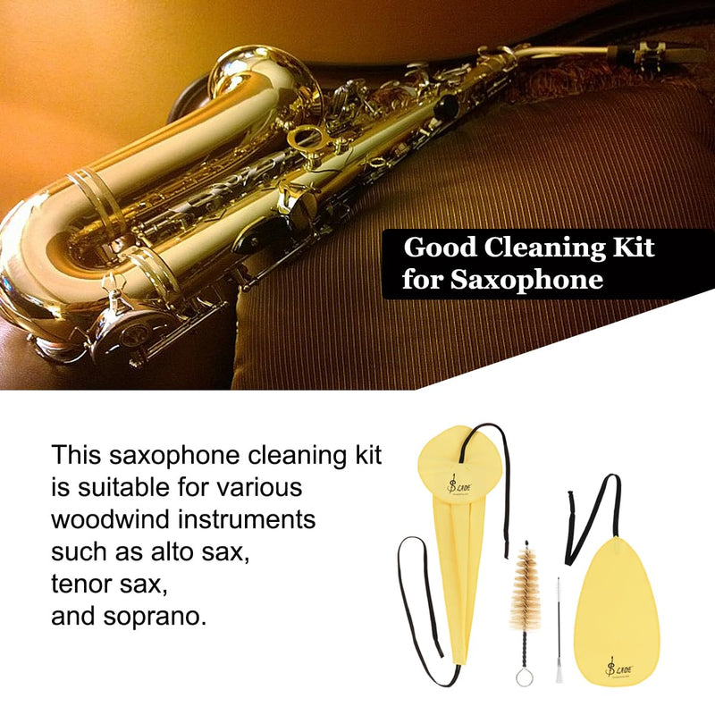 Saxophone Cleaning Cloth Kit, 4 in 1 Saxophone Cleaning Swab Kit, Including Cleaning Swab and Mouthpiece Brush for Alto Tenor Soprano Sax and Other Wind & Woodwind Instruments (Yellow) Yellow