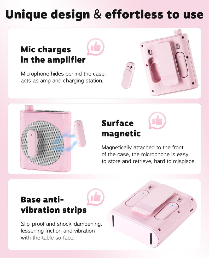 [AUSTRALIA] - Tearstone Voice Amplifier for Teachers with Wireless Magnetic Lavalier Microphone, Bluetooth Portable Rechargeable Speaker, 2 Mics for Classroom, Meetings, Speeches, Outdoor (Pink) Pink 