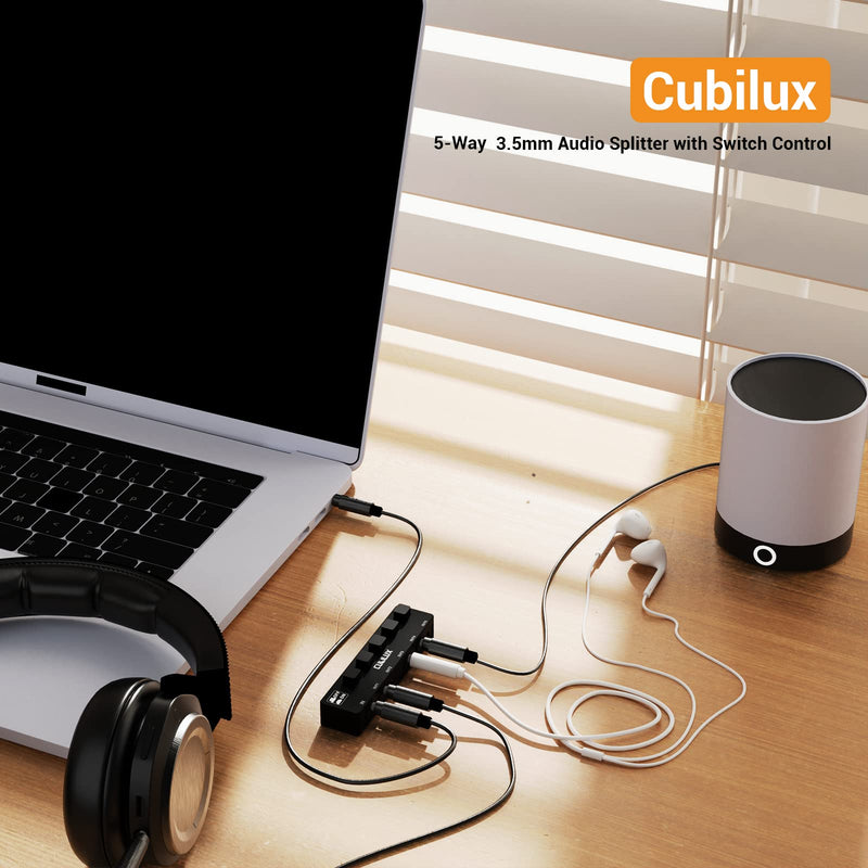 Cubilux 5-Way 3.5mm Headphone Splitter with Switch Control, Aluminum Case 5-Channel 1/8” Stereo Audio Splitter, Multi-Port TRS AUX Share/Split Box/HUB for Speaker Earphones Laptop PC Smartphone Tablet