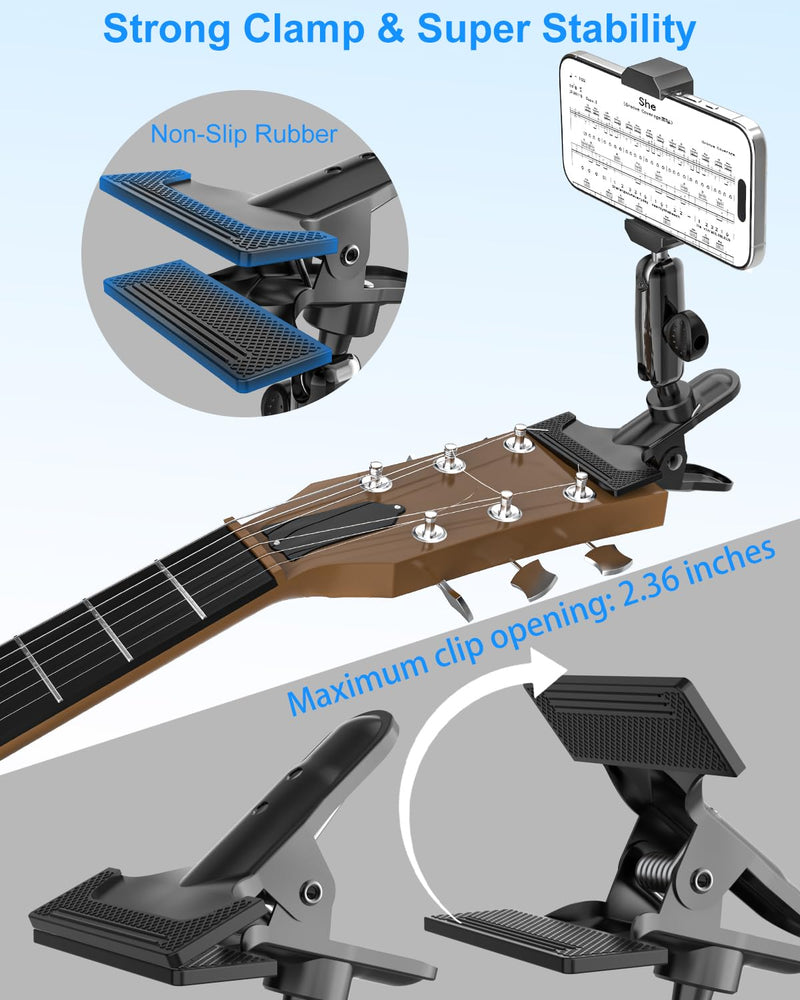 Guitar Phone Holder, [Strong Metal Clip] Guitar Phone Mount for Electric Guitar, Ukulele, Bass, Mandolin, Banjo, Sitar, Compatible with iPhone 16 Pro Max, Galaxy and All 4-7" Smartphone