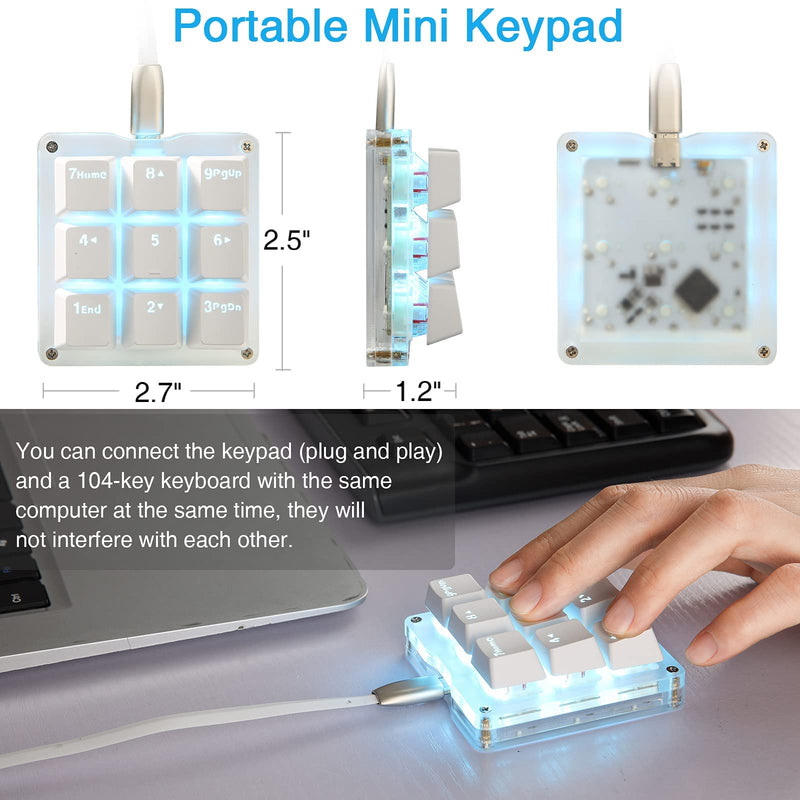 Koolertron One Handed Macro Mechanical Keyboard,Blue LED Backlit Portable Mini One-Handed Mechanical Gaming Keypad OSU! Keyboard 9 Fully Programmable Keys White/Red Switches/Blue LED