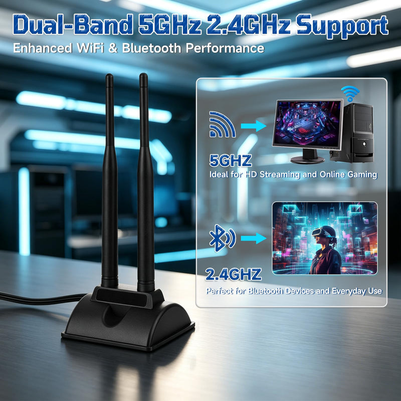 Eightwood Dual Band WiFi 6 Antenna 5GHz 2.4GHz, RP-SMA Connector | Magnetic Base Antenna for Desktop PC Computer Gaming Motherboard PCIe WiFi Bluetooth Card