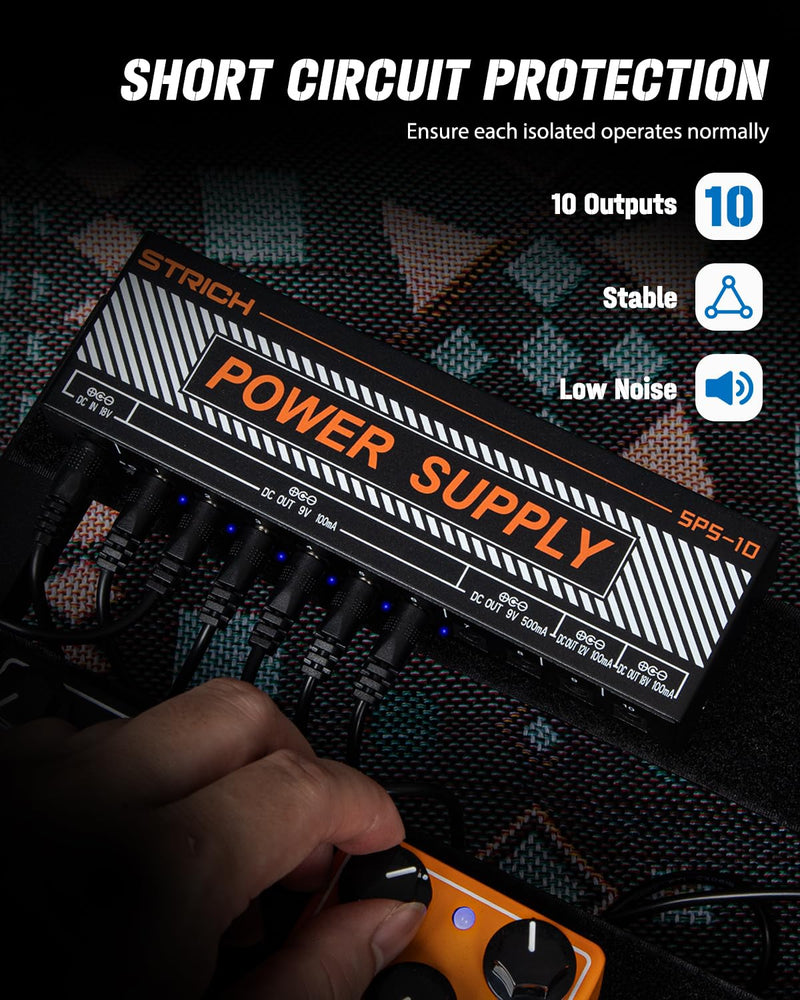 STRICH Guitar Pedal Power Supply, 10 Isolated DC Output for 9V/12V/18V Effect Pedal, 100mA 500mA Pedalboard Power Supply with Short Circuit Protection, Noise Reduction Circuit Design, SPS-10