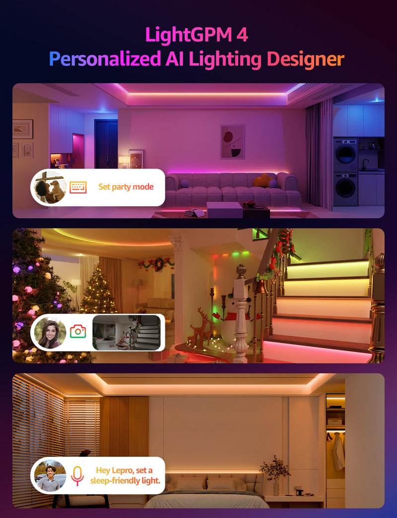 [AUSTRALIA] - Lepro S2 AI Smart LED Strip Lights - 16.4ft RGBCW Light Strips with 2700K-5700K Tunable Warm White, Color Segment DIY, Personalized Al Lighting Designer, APP Control(No Remote), 2.4G Wi-Fi & Bluetooth 