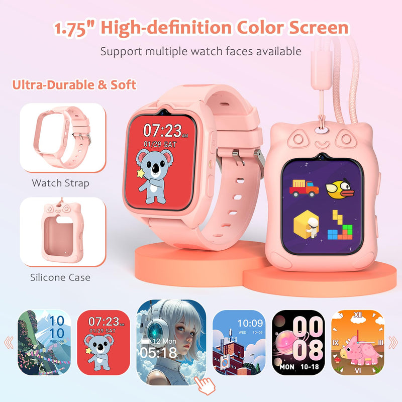 Blackview Kids Smart Watch with 32 Puzzle Games, HD Camera & Video Recording, 1.75" Touch Screen, Flashlight,Music Player, Pedometer, Alarm Clock,Stopwatch,Kids Watch for Girls Ages 4-12 Z30C-Pink
