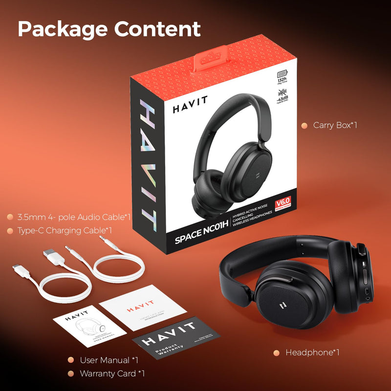 havit 132H Playtime Noise Cancelling Headphones, Over Ear Wireless Bluetooth Headphones with Hybrid ANC, Fast Charge, Dual Device Connection, Foldable Design with Mic for Travel, Work & Office