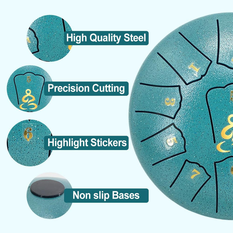 Steel Tongue Drum for Kids, 6 Inches 11 Notes Rain Drum for Garden with Music Book, Drum Mallets Meditation Rain Chime,Musical Instrument for Adults 6 Inch 11 Notes-D Major Malachite Green