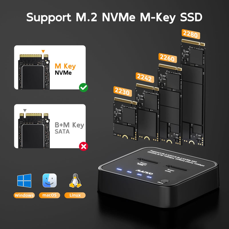 MAIWO M.2 NVMe SSD Cloner Duplicator, USB3.2 Gen2 16Gbps Clone Speed, Dual Bay Hard Drive Docking Station Reader Copier for PCIe NVMe M-Key SSD with UASP, 5V 3A Power, Access Two SSDs Simultaneously