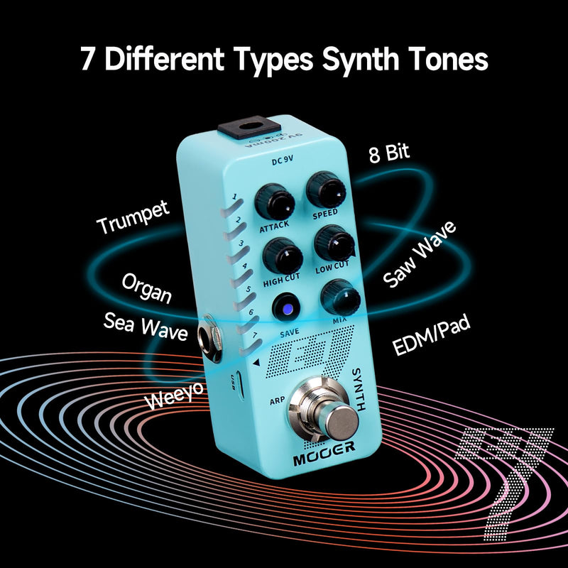 MOOER E7 Polyphonic Guitar Synth Pedal Electronic Synthesizer, 7 Guitar Synthesizer Tones with Individual Arpeggiator And 7 Preset Slots, High/Low Frequency Cut, Attack, Speed Function E7 Synth