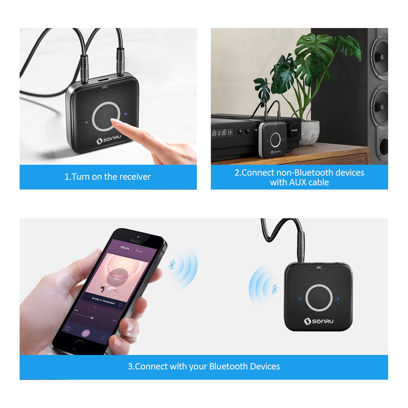 Bluetooth AUX Adapter for Car, SONRU Bluetooth 5.0 Wireless Audio Receiver Adapter for Home Stereo/Wired Headphones/Hands-Free Call, Dual AUX Outputs, RCA AUX 3.5mm Bluetooth Music Receiver