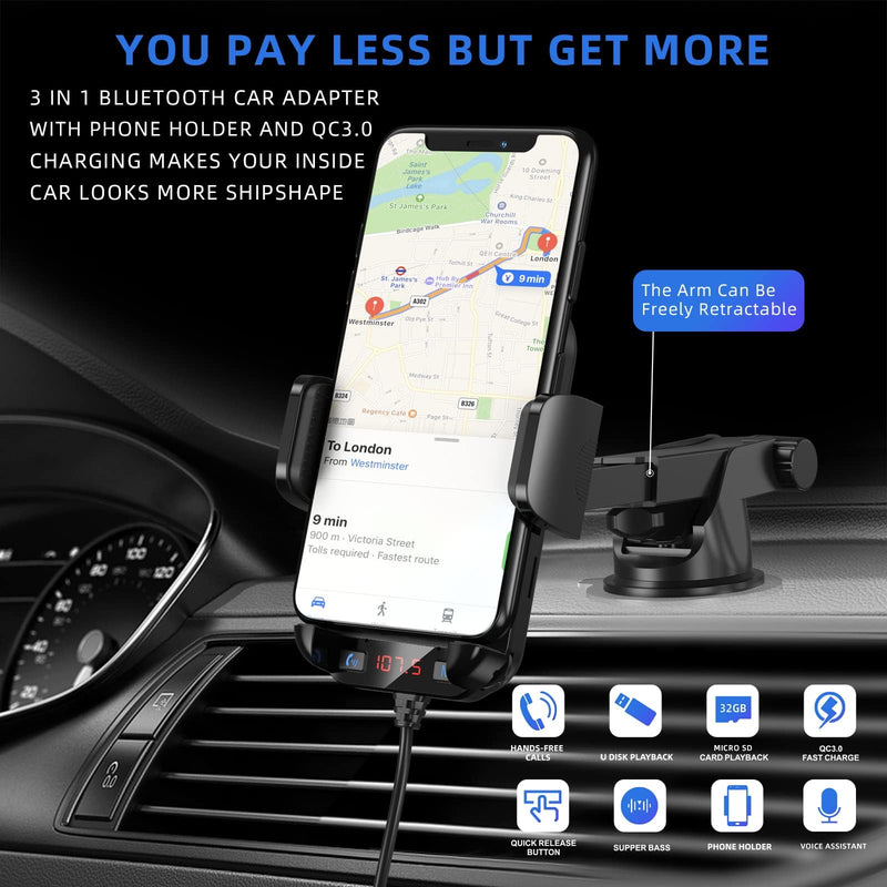 [AUSTRALIA] - Bluetooth Car Adapter 3 in 1 FM Transmitter Car Radio Bluetooth Transmitter with Phone Holder, QC3.0 Fast Charging, Strong Microphone, HiFi Bass Sound, Hands-Free Call, Support USB/TF Drive Black 