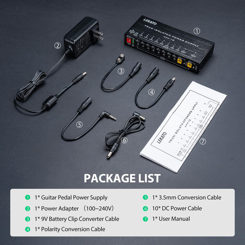 LEKATO Guitar Pedal Power Supply, True Isolated Pedal Power Supply with 10 Ports, USB Port, Short Circuit Protection, Guitar Pedal Power DC Output 9V 12V 18V for Effect Pedal