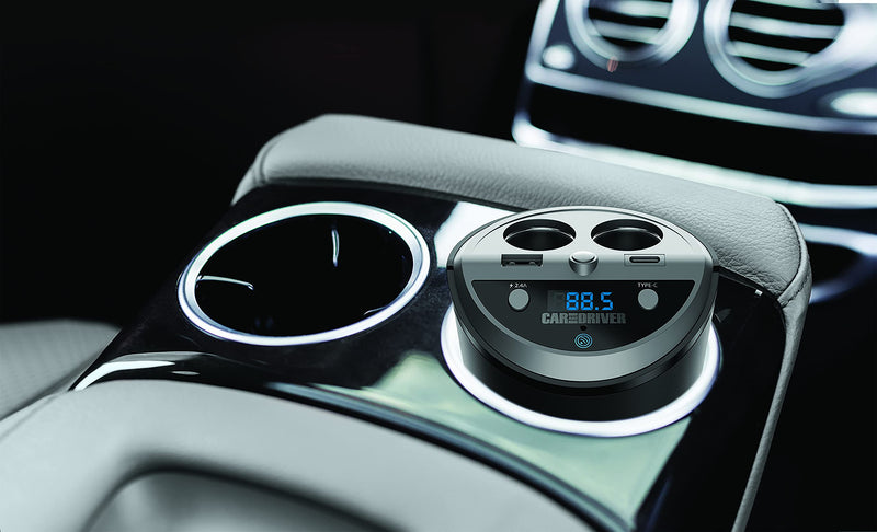 Car and Driver Smart FM Transmitter Bluetooth Cup Holder, Compatible with Alexa, Siri, and Google Assistant for Car, Dual USB-A and USB-C PD Fast-Charging Ports and Cigarette Lighter 12V Power Sockets 6057