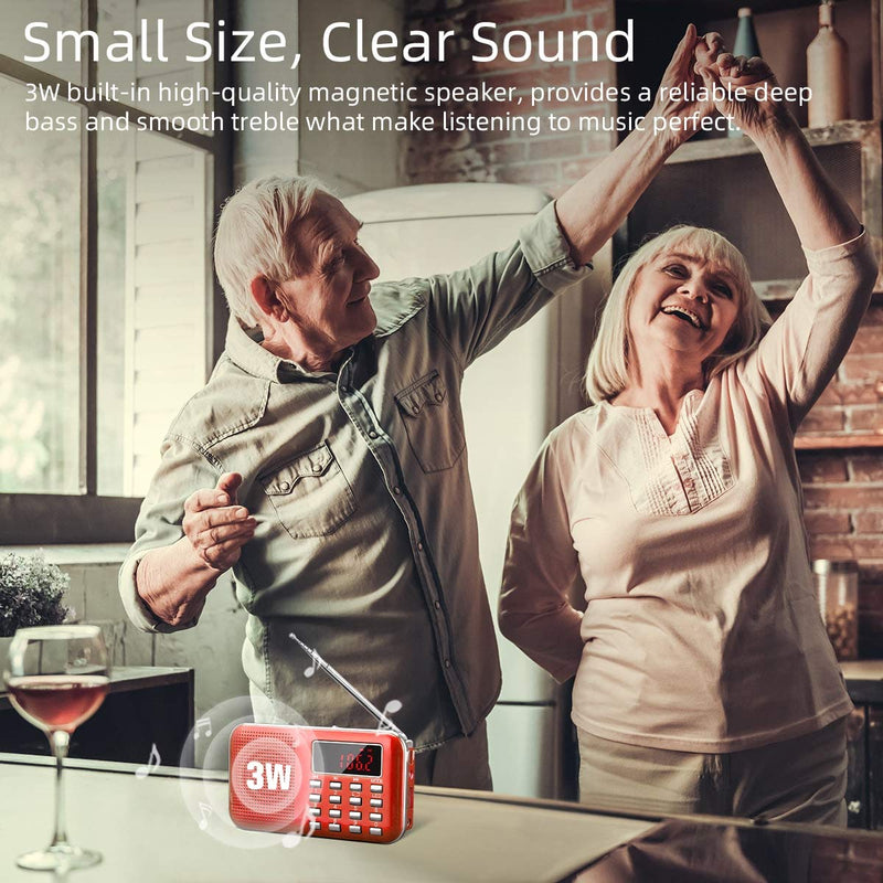 [AUSTRALIA] - PRUNUS Mini Portable Radio AM FM Pocket Radio with MP3, LED Flashlight, Digital Radios Speaker Support Micro SD/TF Card/USB, Auto Scan Save, 1200mAh Rechargeable Battery Operated[Latest Version] Red 