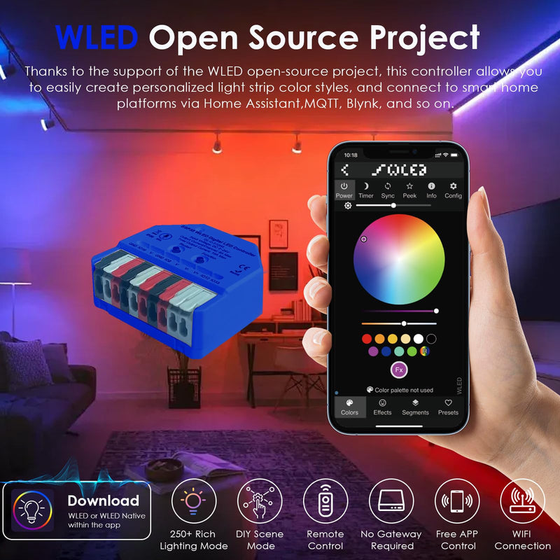 Compact WLED Controller with Mic, ESP32 DC 5V-24V Addressable LED Controller Digital RGB IC (WS2811 WS2812B SK6812 WS2815) WLED Open Source Firmware Pre-Installed