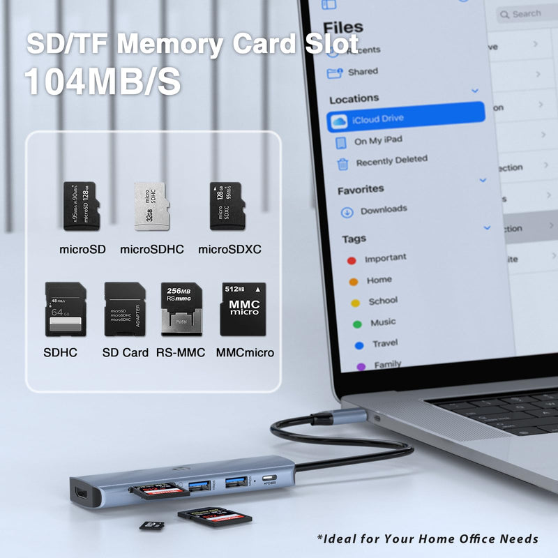 6 in 1 USB C HUB, Oditton Hub Port with 4K HDMI, 100W Rapid Charging, 3 x USB 3.0, SD/TF, Compatible for USB C Laptops Dell XPS/HP/Surface and Other Type C Devices