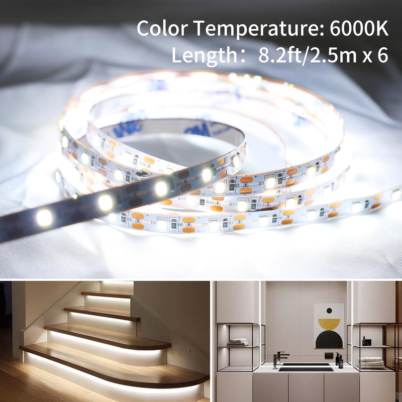 [AUSTRALIA] - 49.2ft USB LED Light Strip White with Battery Box (Batteries Not Included), Daylight LED White Strip Lights Cuttable LEDs for Bedroom, Mirror, Party, Camping, Birthday, Christmas, 8.2ft x 6 49.2ft White Light Strips 