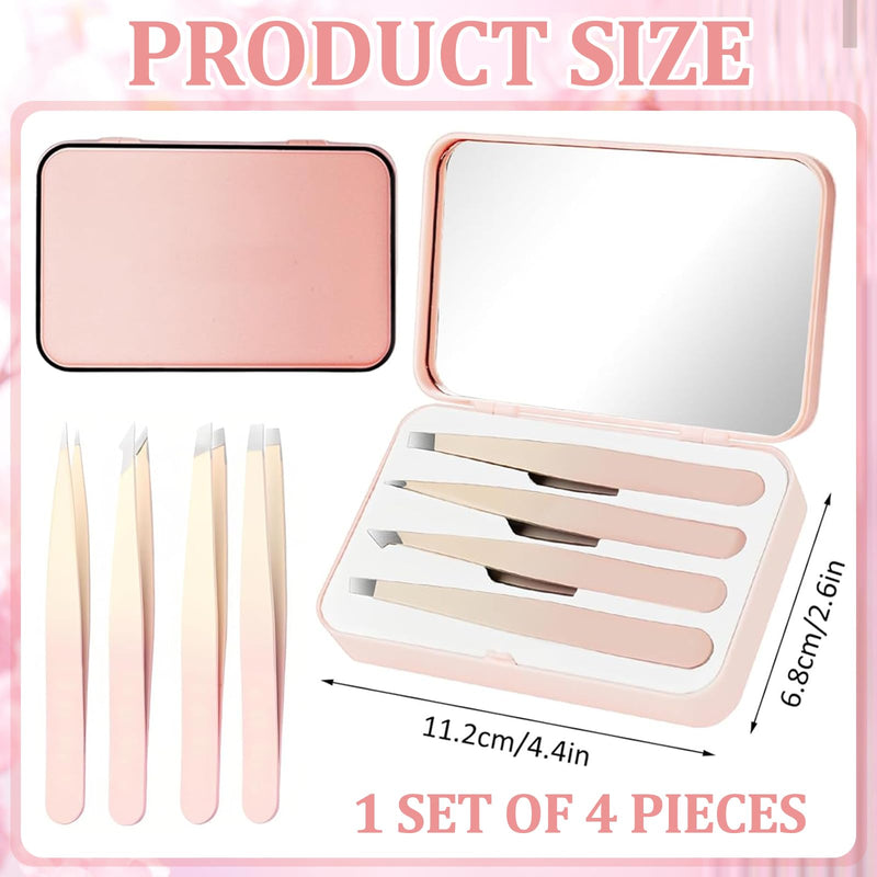 Hshenjhu Set of 4 Tweezers for Facial Hair for Women, Precision Tweezers with Travel Case, Tweezers with Mirror, Stainless Steel Tweezers for Eyebrows for Women and Men (Pink)