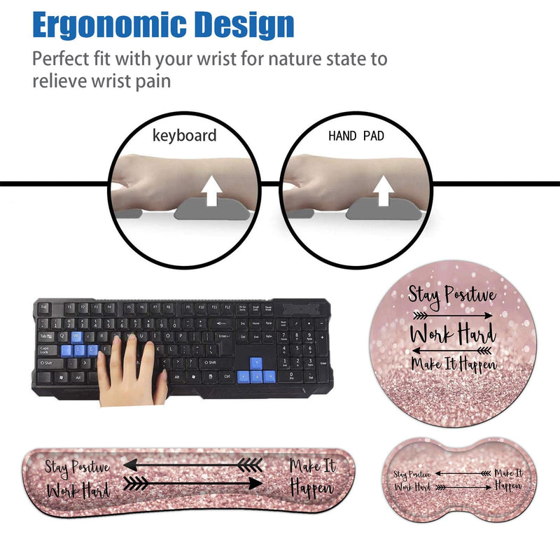 Ergonomic Mouse Pad with Wrist Support Set and Keyboard Wrist Rest Set for Laptop, Gaming and Office, Comfortable and Pain Relief + Coaster ，Stay Positive Work Hard and Make It Happen Pink Glitter Yu-mouse Pad-ba4