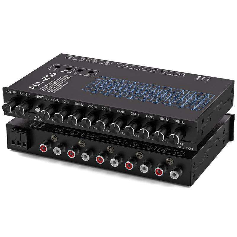9 Band Car Audio Equalizer w/Front,Rear + Sub Output, 8V RMS Line Driver | Car Graphic Equalizer EQ, Frequency Adjustable Audio Output for Car, Boat W/CD/AUX Input, White Light Illumination 9 - Band
