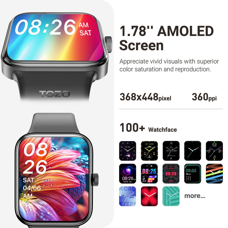 TOZO AMOLED S4 Smart Watch 1.78" Ultra-Clear Screen for Men Women | Bluetooth Call Answer Fitness Tracker, Sleep Monitor IP68 Waterproof for iOS 11.0+ Android 9.0+ Black