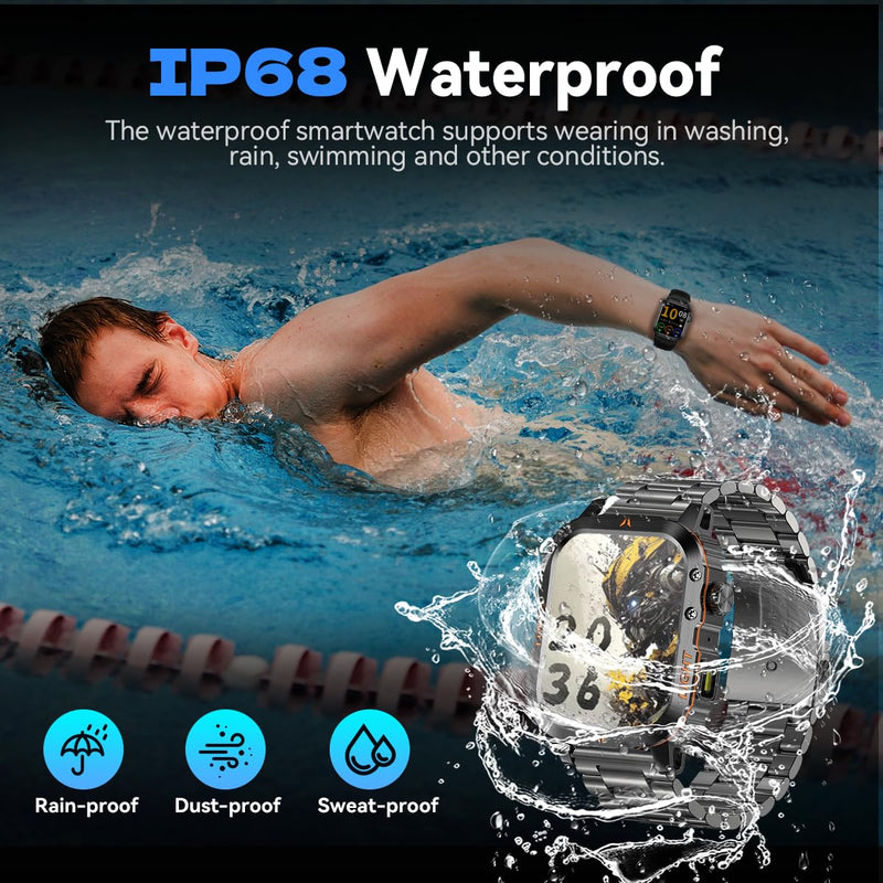 QTLLBT Men's Military Smart Watch 1500mAh Battery 30day IP68 Waterproof Suitable for Swimming Answer/Make Call Function Outdoor Tactical Smart Fitness Watch Heart Rate for Android & iOS Black Steelstrap