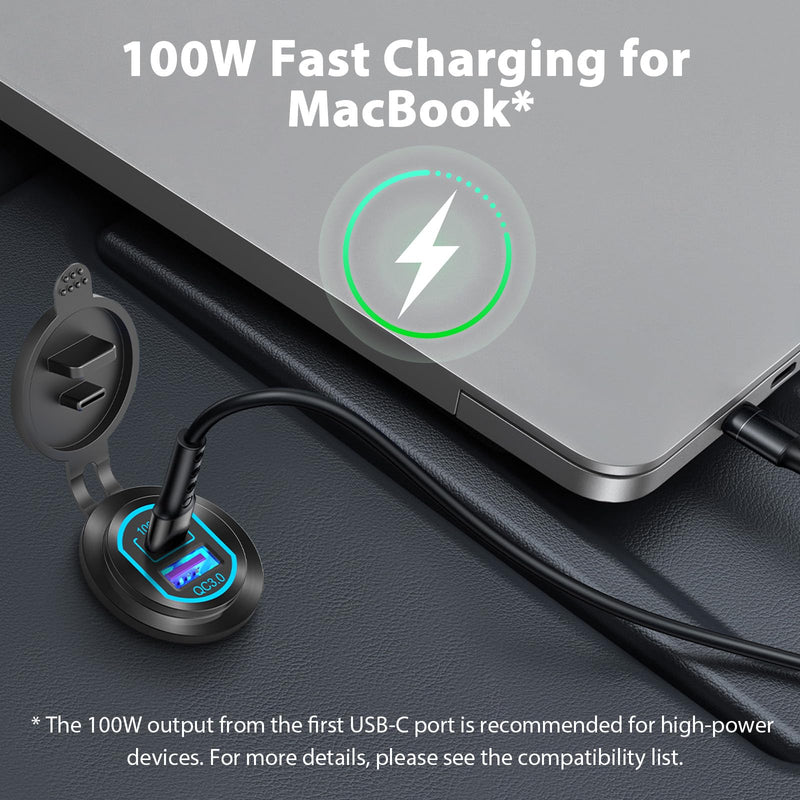 2 Pack 12V USB C Outlet PD 100W Car USB Port for Laptop and QC3.0 18W Car Charger Socket Aluminum Alloy, Fast Charging Cigarette Lighter Replacement DIY Accessary for RV MarineTruck Boat Golf