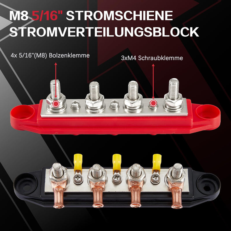 [AUSTRALIA] - Pindex M8 Busbar Distribution Block 250 AMP DC 12 V-48 V with 4 x M8 Terminal Bolts, M8 Power Distribution Block Bus Bar 12 V for Motorhomes, Ships, Yachts, Car RVs, Trucks 