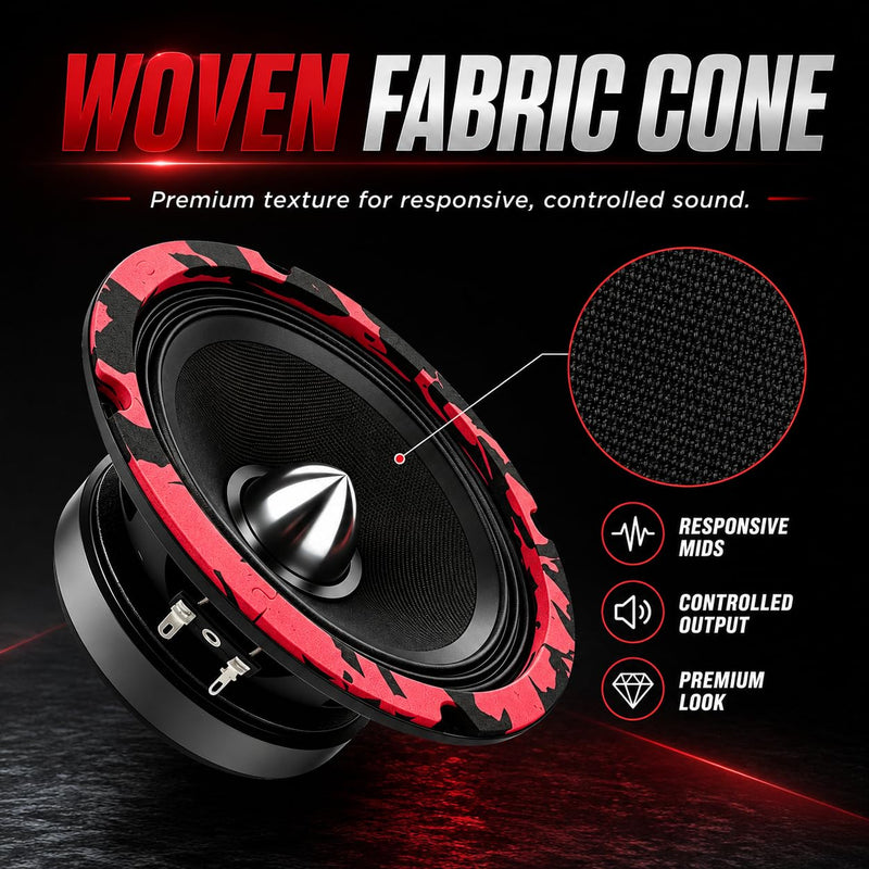 6.5 Inch Car Speakers, 800W Peak 4 Ohm 6.5 Speakers, Bullet Midrange Mid-Bass Door Speakers with Woven Fabric Cone, Multi-Layer Rubber Surround for Car Audio, 2 Pack Red 6.5 INCH