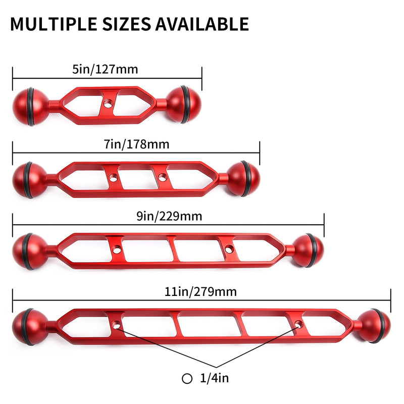 Red 9" Double Ball Aluminum Alloy Extension Arm, 1" Ball Head Connector Underwater Arm for Strobe/Video Light/Diving Camera Tray, Waterproof and Rustproof (2pack) 9" Extension Arm Red