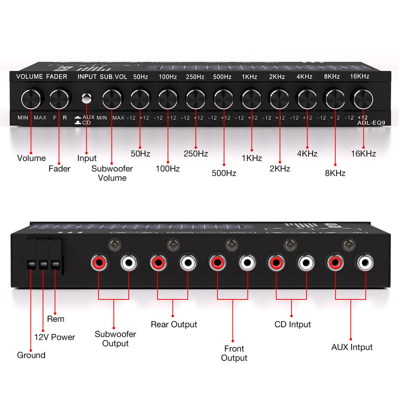 9 Band Car Audio Equalizer w/Front,Rear + Sub Output, 8V RMS Line Driver | Car Graphic Equalizer EQ, Frequency Adjustable Audio Output for Car, Boat W/CD/AUX Input, White Light Illumination 9 - Band