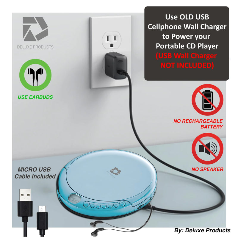 Deluxe Products CD Player Portable with 60 Second Anti Skip, Stereo Earbuds, Includes Aux in Cable and AC USB Power Cable for use at Home or in Car. Blue Blue_CD
