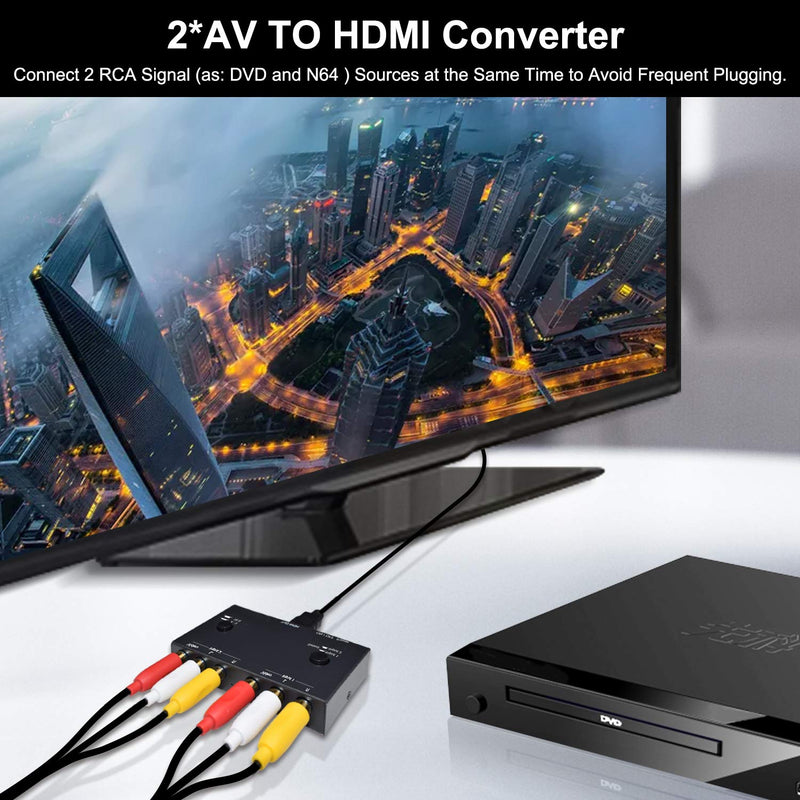 [AUSTRALIA] - 2 AV to HDMI, 1080P/720P TV 2 Way RCA Composite CVBS AV Switch to HDMI Video Audio Converter Adapter Support 4:3/16:9 Switching, for Sega Xbox PS2 PS3 N64 NGC SNES WII VHS VCR Camera DVD 2 RCA Converter 