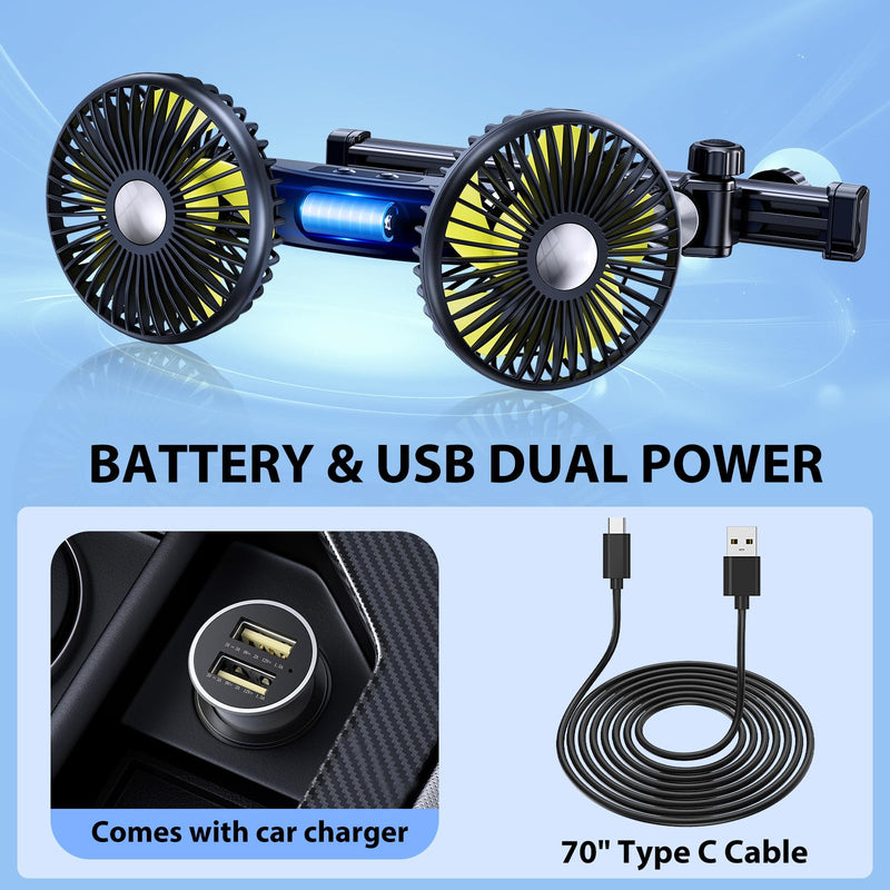 Rechargeable Fan for Car Backseat Kids with Retractable Long Arm | 360° Rotatable 3 Speeds Separate Control Car Seat Fan for Dogs Kids for Vehicles SUV RV, With Car Charger & USB C Cable Yellow - Battery