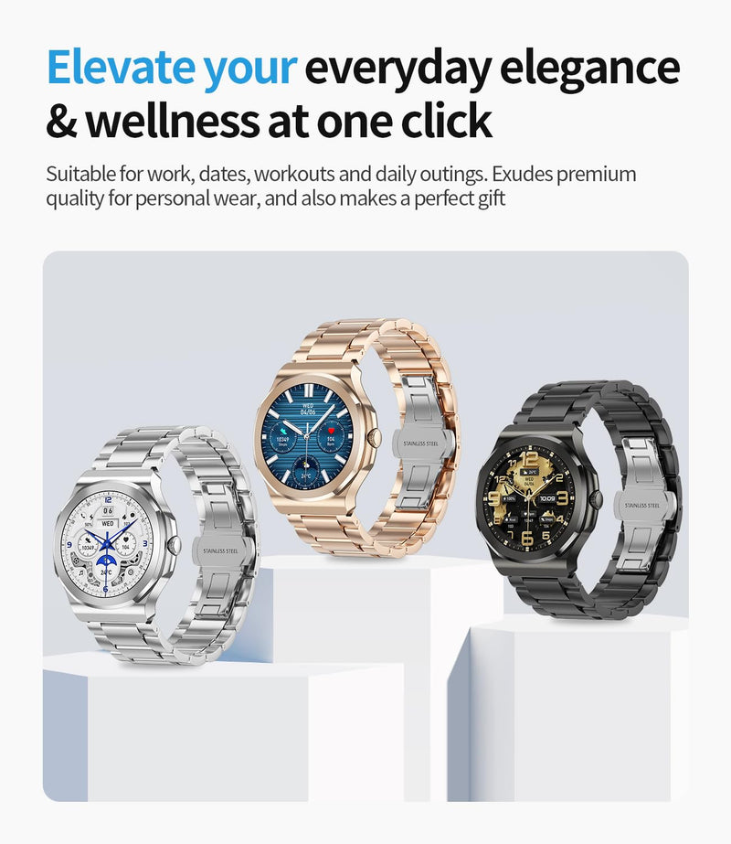 Smart Watch for Men Women, Make/Answer Calls, 1.27 Inch Full Touch Screen | 100+ Sport Modes, IP67 waterproof, health/heart rate/sleep tracking, compatible with Android & iOS, includes 2 straps. White steel belt