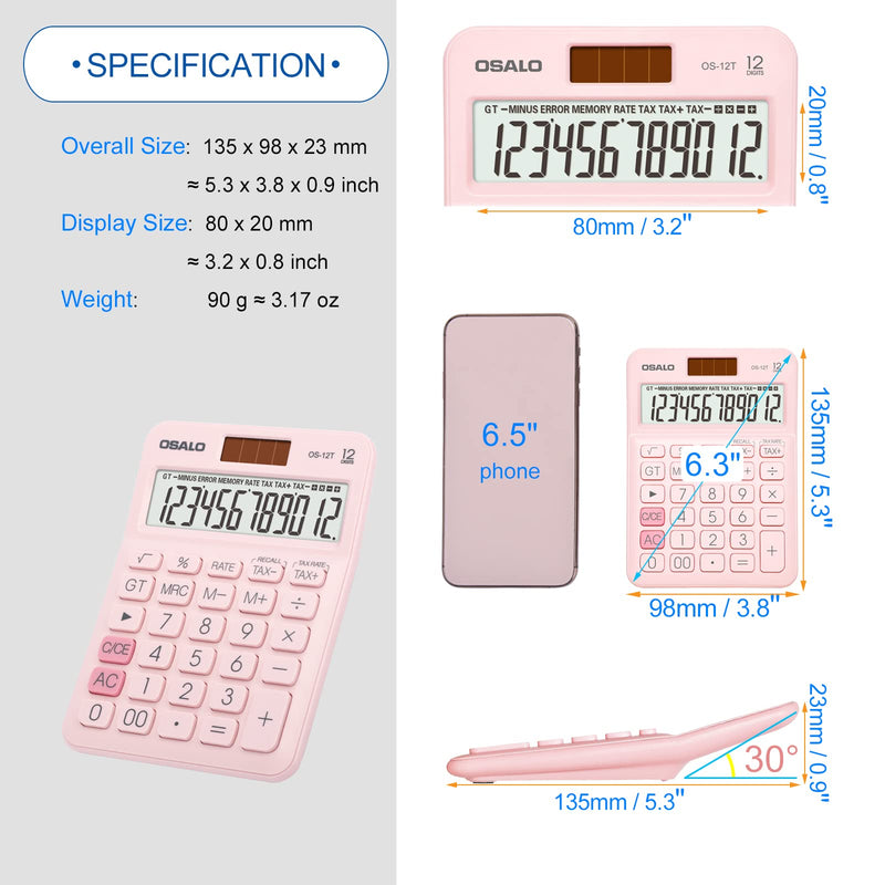 Pocket Small Size Desk Calculator, 12 Digit Large LCD Display, Basic Tax Function Handheld Desktop Calculator with Solar Battery Dual Power, Perfect for Office, School, Business OS-12T (Pink) 12T-Pink