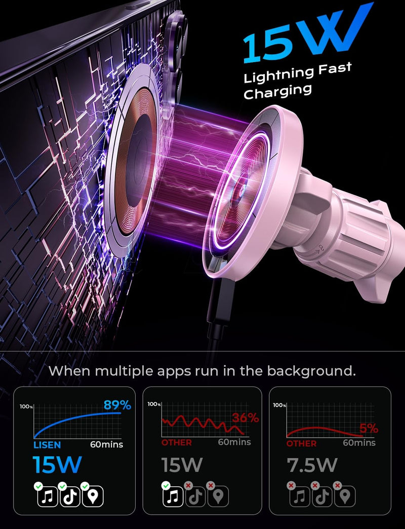 LISEN 15W MagSafe Car Mount Charger,[Light Pink] Magnetic Wireless Car Charger, Dashboard & Air Vent Car Phone Mounts, Car Phone Holder for iPhone 17-12, Samsung, Pixel, Cute Car Accessories for Women | [Light Pink & Purple LED light] Magsafe Car Mount...