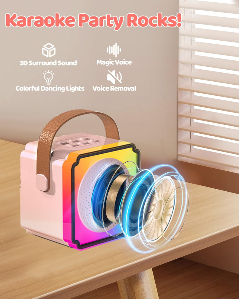 Mini Karaoke Machine for Kids Adults, LumoShine Portable Bluetooth Speaker with 2 Wireless Microphone and Lights, Gifts for Boys Girls Pink