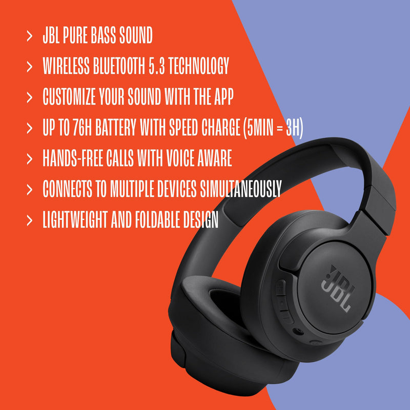 JBL Tune 720BT - Wireless Over-Ear Headphones - White | JBL Pure Bass Sound, Wireless Bluetooth 53 technology, Customize your listening experience, Hands-free calls with Voice Aware