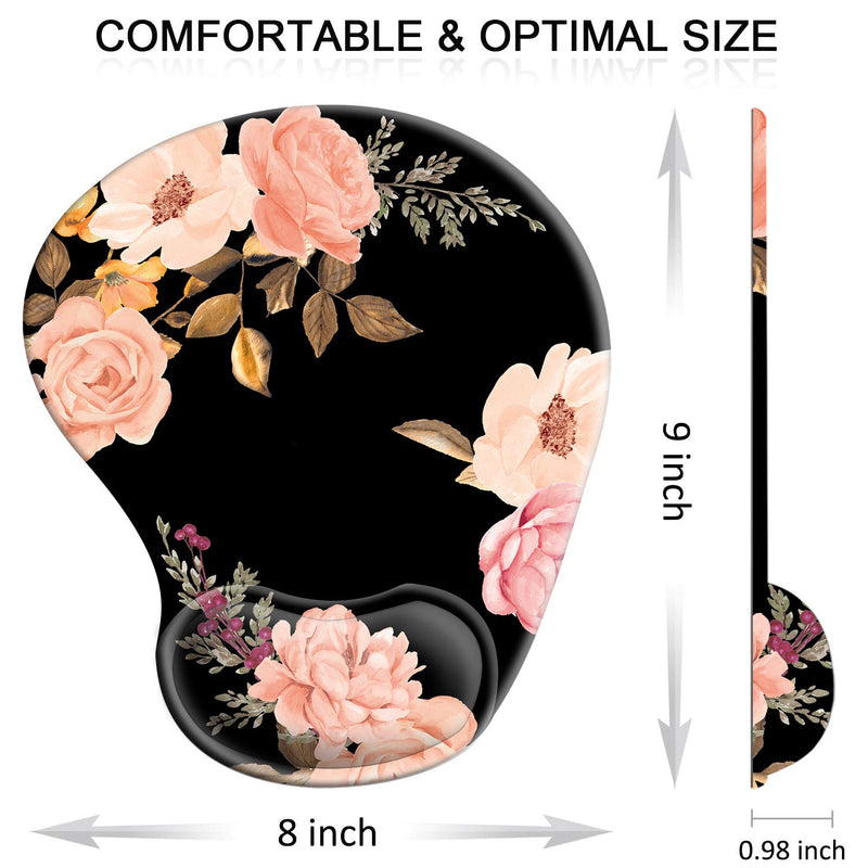 Ergonomic Mouse Pad with Gel Wrist Rest Support, HOMKUMY Cute Mouse Pads with Non-Slip Rubber Base Wrist Rest Pad for Home, Office & Travel Easy Typing & Pain Relief, Peony Black