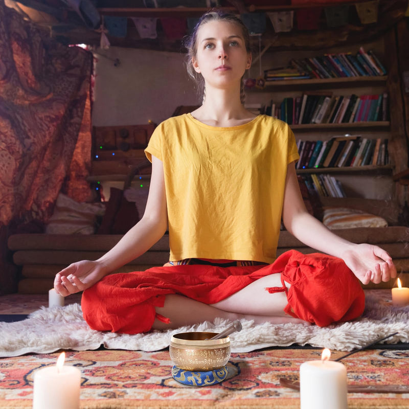 Tibetan Singing Bowls Set, SHANSHUI Meditation Sound Bowl hand Hammered in Nepal For Yoga, Mindfulness, Healing & Chakra Balancing 4 in Blue