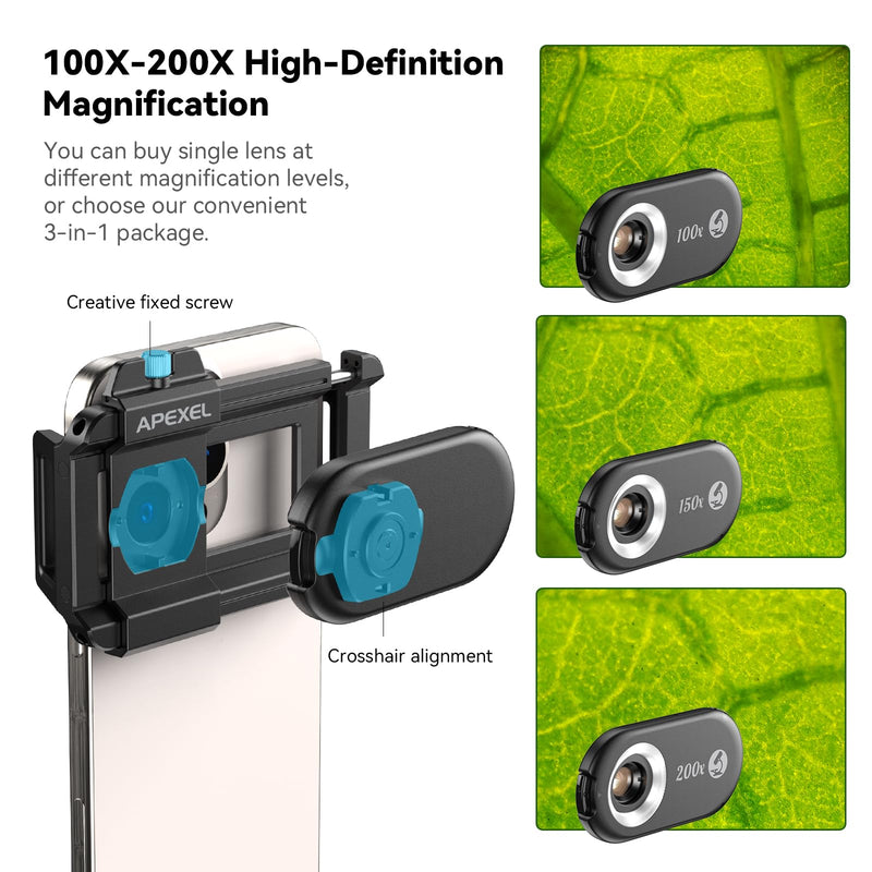 APEXEL Phone Microscope Lens, PhoneMicro 5 Series 150X Phone Micro Lens for Android/iPhone With LED Light/CPL/Universal Clip, Mini Pocket Microscope, Smartphone Camera Attachment for iPhone & Android. MS150 (150X)