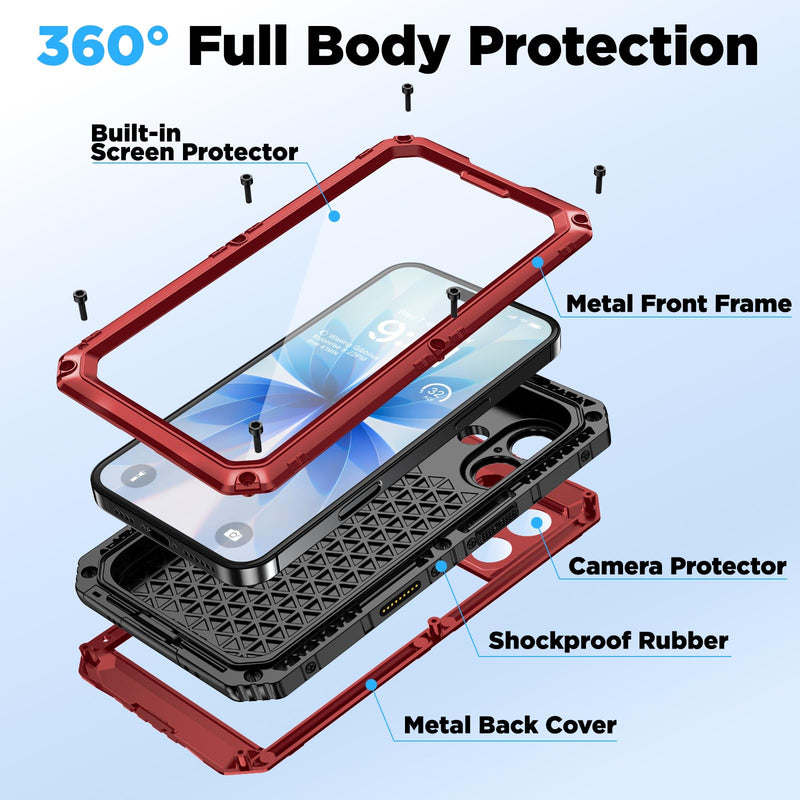 Beasyjoy for iPhone 17 Case Waterproof, Heavy Duty Metal Full Body Protection, Built-in Screen Protector, Military Grade Shockproof Dustproof Rugged Cover for iPhone 17 6.3 inch, Red