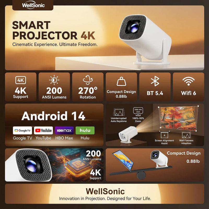 [AUSTRALIA] - Mini Projector with Wifi and Bluetooth, Build-in Android 14, Portable Projector Outdoor&Ceiling Use, Auto Keystonet&270°Rotatable, 200 Ansi, 4k Home Thearter Movie Projector for HDMI USB 