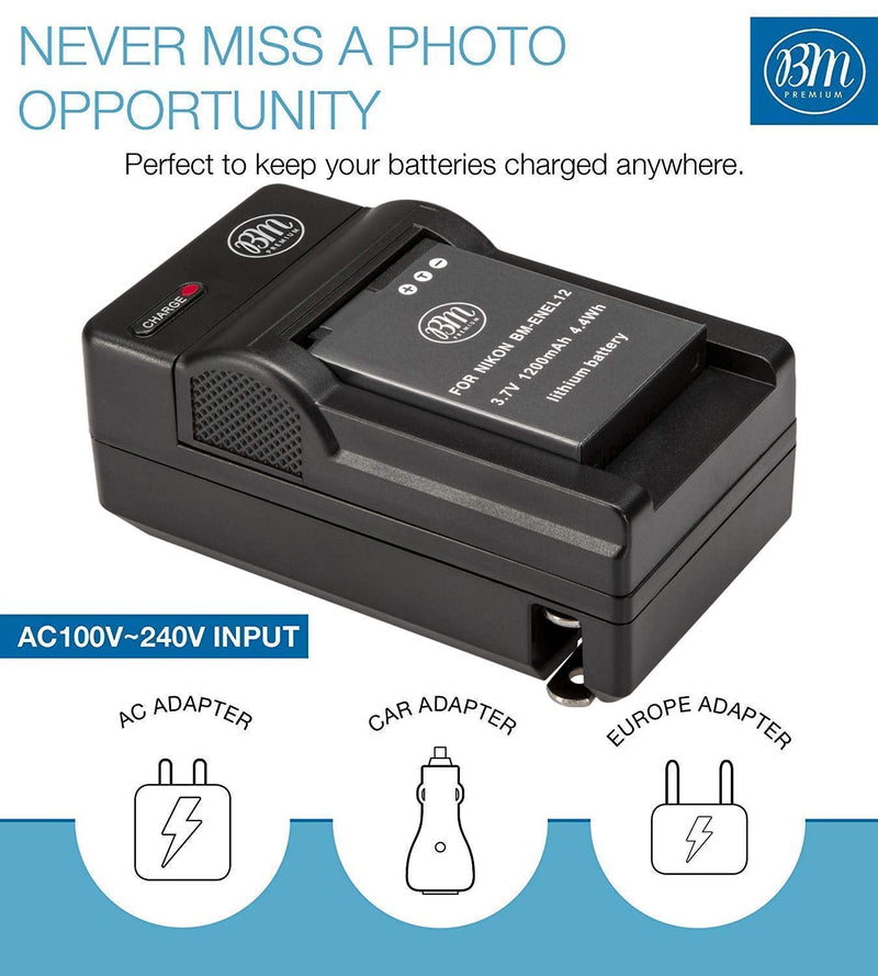 BM Premium EN-EL12 Battery and Charger for Nikon Coolpix A1000 B600 W300 A900 AW100 AW110 AW120 AW130 S6300 S8100 S8200 S9050 S9200 S9300 S9400 S9500 S9700 S9900 P310 P330 P340 KeyMission 170, 360